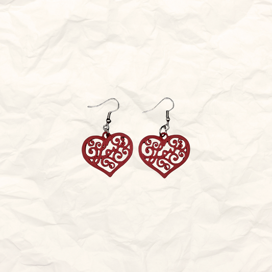 Red Heart Earrings with "Love" Cutout