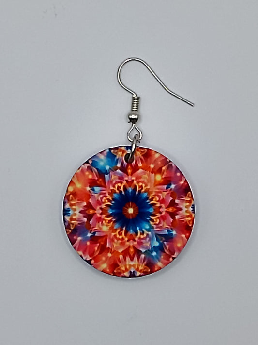 Vibrant Red Blue Sunflower Kaleidoscope Dangle Earrings